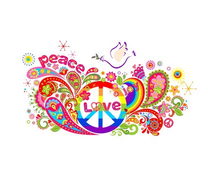Colorful poster with abstract flowers, rainbow, hippie peace symbol and dove