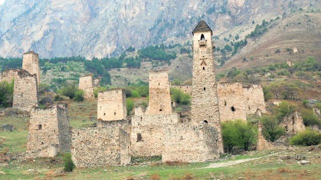Sight Towers and Defensive Towers of the North Caucasus. Historical monumental medieval buildings in the mountains.