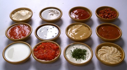 Souse - mustard - curry - mayonnaise - tartar - sour cream - ajika - ketchup 