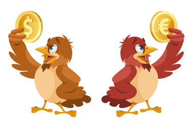 One sparrow holding dollar symbol and another sparrow holding euro symbol. Cartoon styled vector illustration. Elements is grouped. Isolated on white.