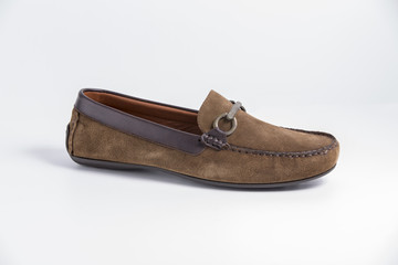 Male Brown Shoe on White Background, Isolated Product, Top View, Studio.
