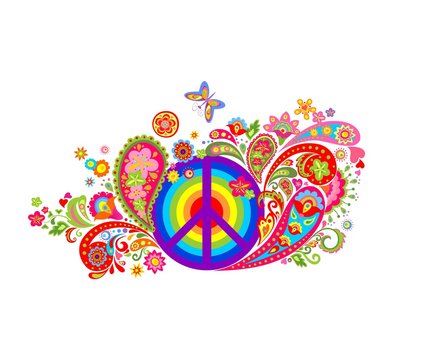 Print with hippie peace symbol with vintage colorful flowers pattern and rainbow