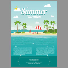 Vector Illustration of the sea island beach background with words Summer Vacation.  Tropical island brochure concept for resort.