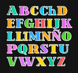 Spanish alphabet colorful letters, white outline, vector.  Capital letters with serif on a black background. White outline is offset to the side.  