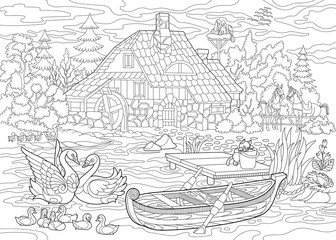 Coloring book page of rural landscape, farm house, ducks, kitten, swans, horses, frog, storks, flock of seagulls. Freehand drawing for adult antistress colouring with doodle and zentangle elements.
