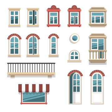 Vector illustration of different opened and closed windows and doors elements isolated on white. 