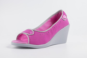 Female Pink Shoe on White Background, Isolated Product, Top View, Studio.
