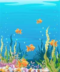 Naklejka na ściany i meble under the sea vector background Marine Life Landscape - the ocean and underwater world with different inhabitants. For print, create videos or web graphic design, user interface, card, poster.