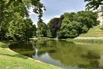 Fototapeta na wymiar Le bout du premier étang en contrebas du remarquable château-fort de Gaasbeek , près de Bruxelles 