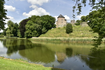 Fototapeta na wymiar Le premier étang du domaine en pleine nature au printemps devant le champ de vigne et le château-fort de Gaasbeek, près de Bruxelles 