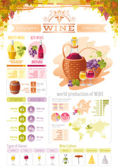 Wine, grapes food and drink infographics icons. Vector alcohol icon set, isolated background. Diagram flyer. Diet vitamin chart table, red, white, rose, glass, world map, vineyard. Flat illustration