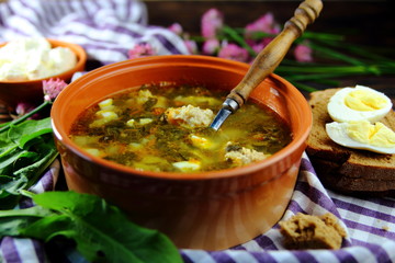 щавельный суп с тефтелями и вареным яйцом