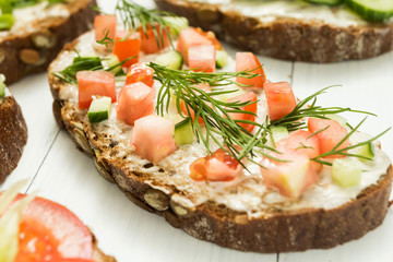 Homemade sandwiches. Low carbohydrate diet of organic products. Healthy breakfast concept.