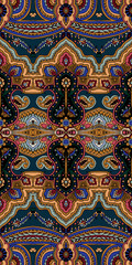 Seamless abstract geometric paisley pattern. Traditional oriental ethnic ornament, on dark teal background. Textile design.