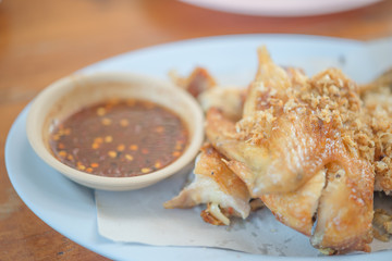 Chicken grilled with garlic fried thai style,soft focus