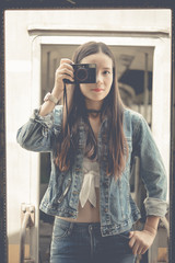 Beautiful girl photography concept on train vintage style,lifestyle,hipster