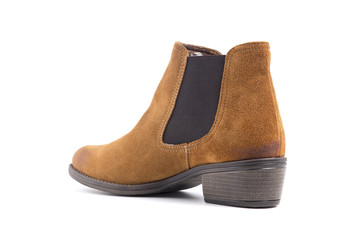 Female Brown Boot on White Background, Isolated Product, Top View, Studio. 