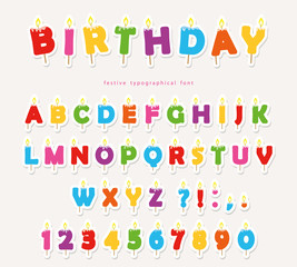 Birthday candles colorful font design. Cutout ABC letters and numbers.
