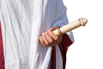 Ancient Roman book in hand isolated