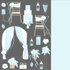 Wedding background. Chairs, cake, flowers, lanterns, arch, sweets.