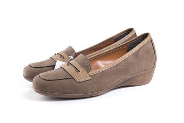 Female Brown Shoe on White Background, Isolated Product, Top View, Studio.