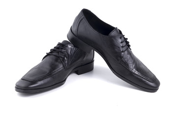 Male Black Shoe Leather Quality on White Background, Isolated Product, Top View, Studio.