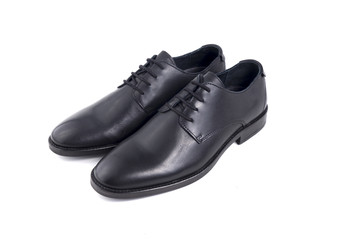 Male Black Shoe Leather Quality on White Background, Isolated Product, Top View, Studio.