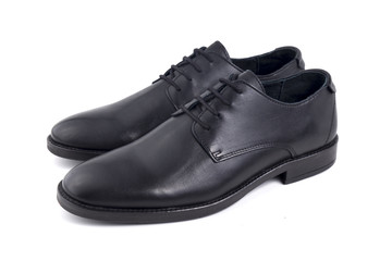 Male Black Shoes Leather Quality on White Background, Isolated Product, Top View, Studio.