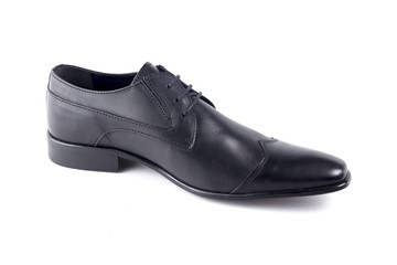 Male Black Shoes Leather Quality on White Background, Isolated Product, Top View, Studio.