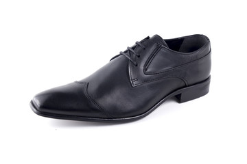 Male Black Shoes Leather Quality on White Background, Isolated Product, Top View, Studio.