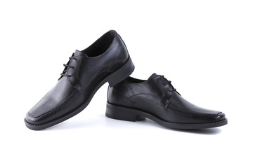 Male Black Shoes Leather Quality on White Background, Isolated Product, Top View, Studio.