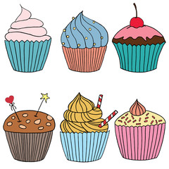 Vector cupcake illustration. Set of hand drawn cupcakes. Doodle cakes with cream and berries.