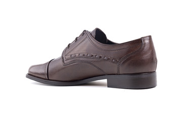 Male Brown Shoe on white Background, Isolated Product, Top View, Studio.