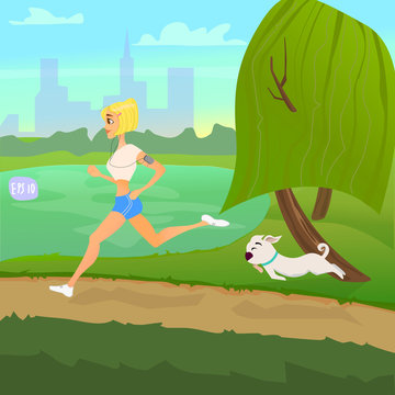 Creative design on the topic of healthy lifestyle. The girl is engaged in sports with the dog outdoors, in a Park, vector illustration