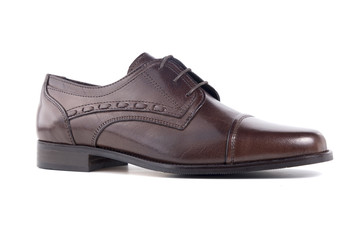 Male Brown Shoe on white Background, Isolated Product, Top View, Studio.