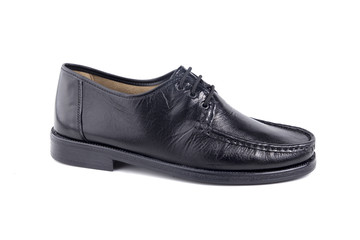 Male Black Shoes Leather Quality on White Background, Isolated Product, Top View, Studio.