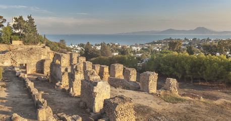 Panoramic view of punic ruins on Byrsa with Tunis bay in background, Carthage, Tunisia
