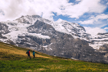 Fototapeta na wymiar Hiking in the beautiful Alps. Scenic landscape. Outdoor activities in Switzerland. 2017
