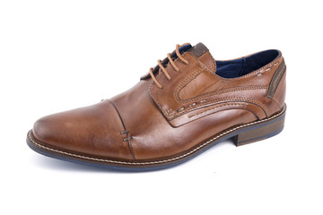 Male Brown Shoe Leather on White Background, Isolated Product, Top View, Studio.