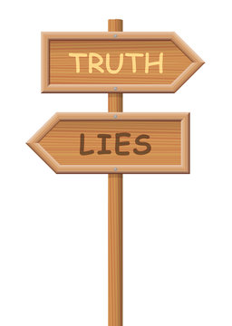 TRUTH LIES wooden signpost, choose your path - facts or fake, verity or fraud, honesty or deception - isolated vector illustration on white background.