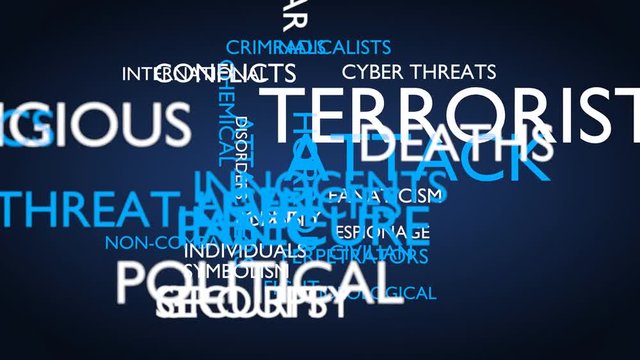 Terrorist attack word tag cloud. 3D rendering, loop able, blue variant. UHD