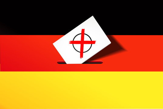 Stimmzettel mit Kreuzchen und Wahlurne Schlitz mit Deutschland Fahne 