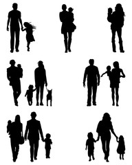 Silhouettes of families at walking, vector