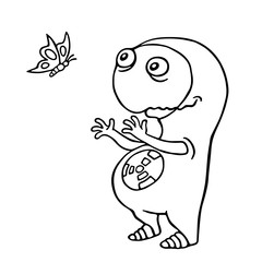Friendly space alien enjoy the butterfly. Vector illustration.