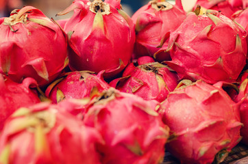 Exotic tropical fruit, dragon fruit or pitaya display for sell in market