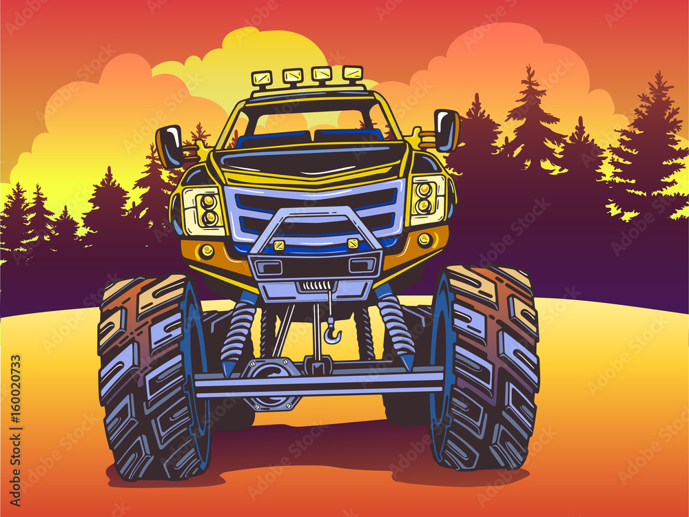 Wall mural Vector Cartoon Monster Truck on the evening landscape in Pop Art style. Extreme Sports.