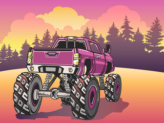 Vector Cartoon Monster Truck on the evening landscape in Pop Art style. Extreme Sports. © AnasteZia