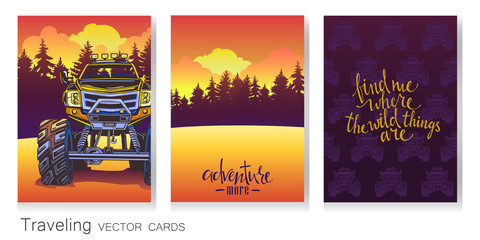 Vector set of artistic colorful cards. Cartoon Monster Truck, evening landscape, pattern and calligraphy © AnasteZia
