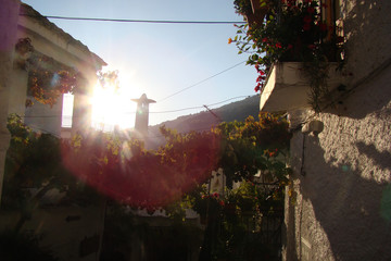 Bergdorf mit Blumen und Schornstein
