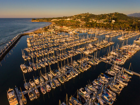 aerial of boats in Santa Barbara Harbor, Santa Barbara, California